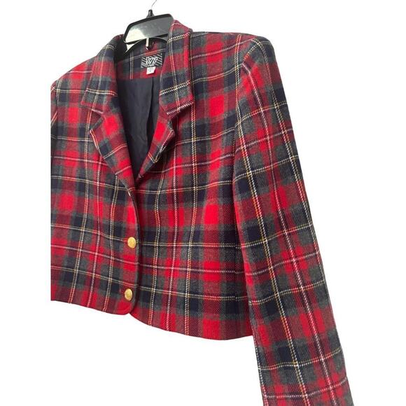 1990s Vintage KGR Red & Black Plaid Wool Blazer Retro Gold Buttons Small Medium - Picture 6 of 6